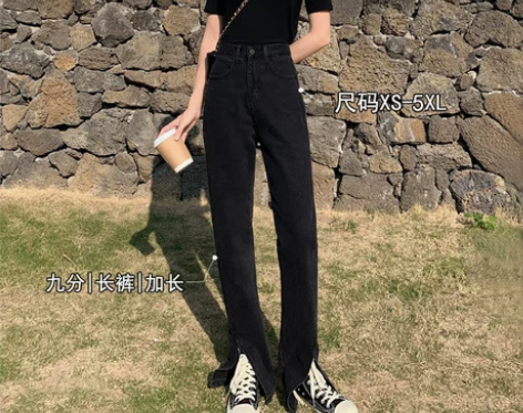 黑色开叉牛仔裤女2022直筒高腰显瘦微喇叭...