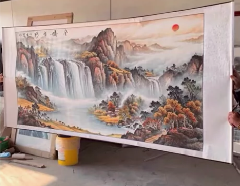 朋友抵债的一副聚宝盆红色山水甲天下六尺山水...