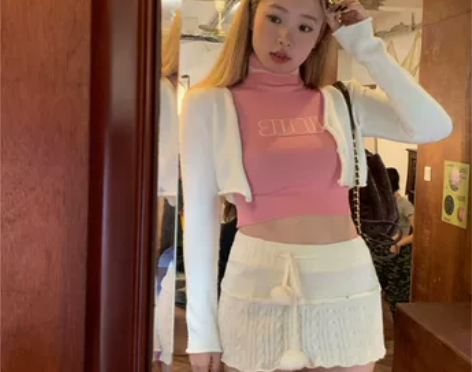 粉色半高领吊带背心女夏季辣妹高腰显瘦性感内...