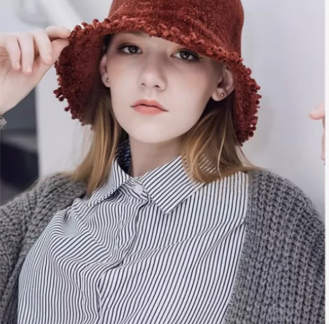 秋冬新款雪尼尔盆帽女高冷下垂须边渔夫帽韩版...