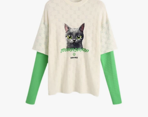 猫咪印花假两件拼接针织T恤女早秋中长款防晒...