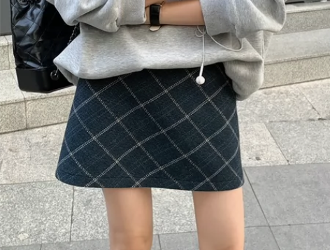 YesYellow复古菱格纹短裙腰a字裙包...