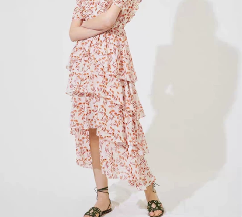 Mj网红法式复古小众连衣裙春款荷叶边碎花收...