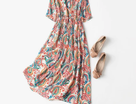 美艳民族风印花真丝双绉立领抽带收腰大摆裙子...