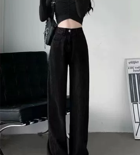 黑色阔腿牛仔裤女潮流韩版宽松高腰显瘦直筒垂...