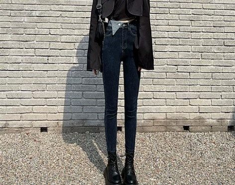 【狂欢价】高腰加绒深蓝色设计感小脚裤女20...