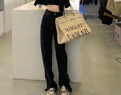 高腰阔腿牛仔裤女装设计感小众开叉长裤秋季宽...