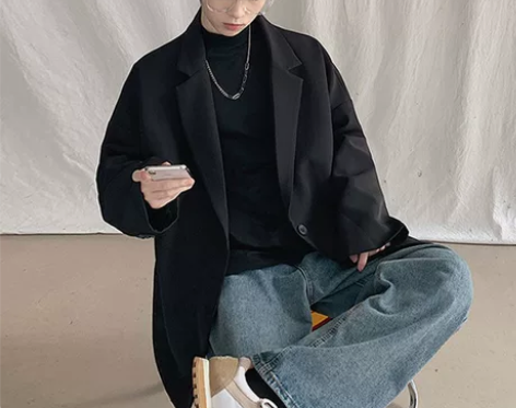 潮流男士夹克黑色感西服大码西装外套宽松简约...