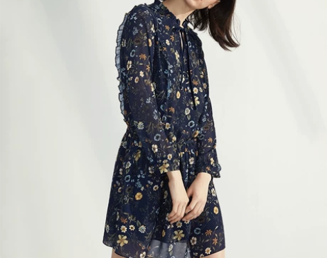 伊芙丽新款韩版复古碎花雪纺连衣裙长袖印花V...