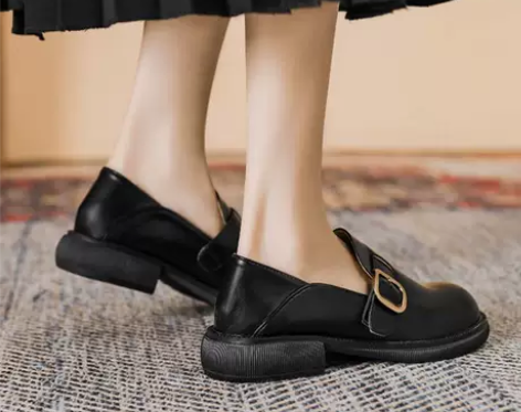 厚底乐福鞋女2023新款小扣皮带扣复古小皮...