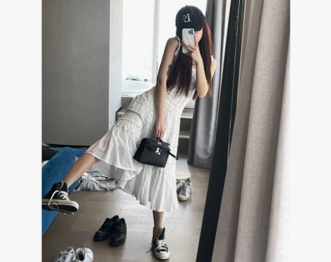NOSE自制 白色吊带无袖连衣裙女夏季法式...