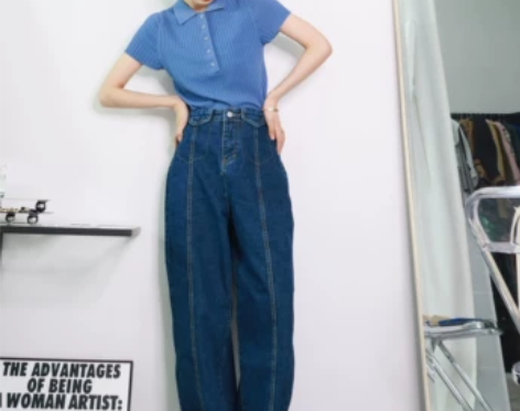 MOOZIU木子担担韩版高腰休闲牛仔裤显瘦...