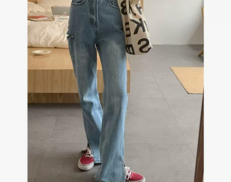 破洞牛仔裤女高腰显瘦阔腿裤开叉微喇裤秋季直...