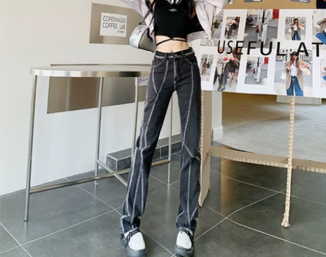 温姗美式高街拼接设计感高腰直筒牛仔裤女早春...
