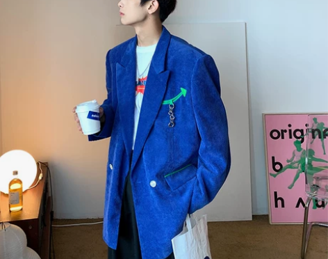 克莱因蓝西装外套男春秋冷淡风男装高级感灯芯...