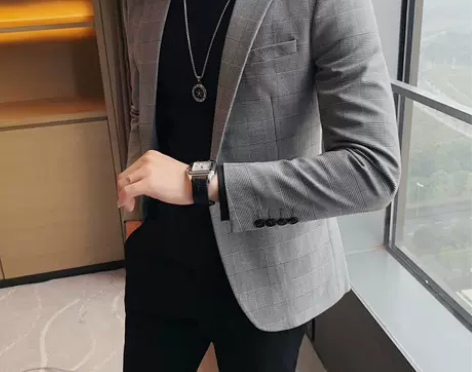 秋冬季西服男士韩版修身休闲商务小格子帅气小...