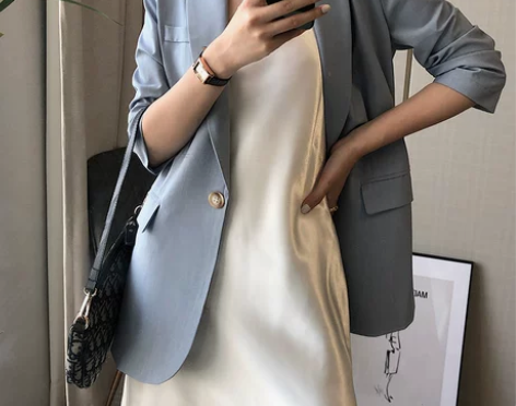 2022夏季薄款防晒小西装女一粒扣蓝色修身...