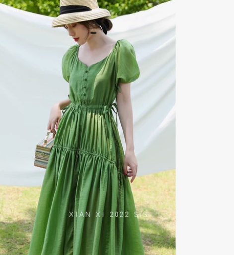 法式连衣裙女收腰夏新款绿色v领仙女泡泡袖牛...