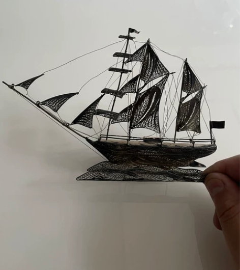 晚清民国时期银制帆船，老银器品相如图。垒丝...