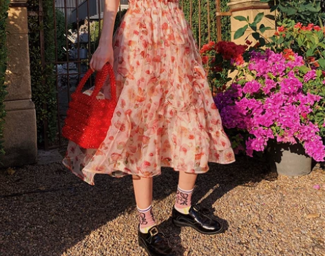 梅子熟了 文艺小清新花色半身裙女高腰A字裙...