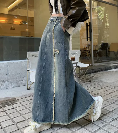 美式水洗做旧毛边牛仔鱼尾裙秋季新款中长款小...