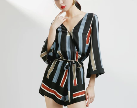 夏季韩版显瘦竖条纹连体裤女装七分袖阔腿短裤...