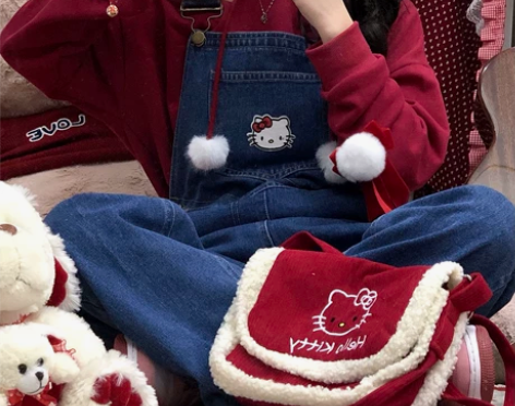 原创设计软妹小个子kt背带牛仔裤印花宽松高...