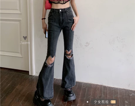 辣妹破洞牛仔裤女春秋季复古高腰显瘦修身直筒...