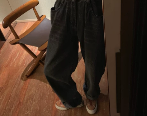 卤卤lulu直筒牛仔裤女高腰阔腿宽松复古黑...