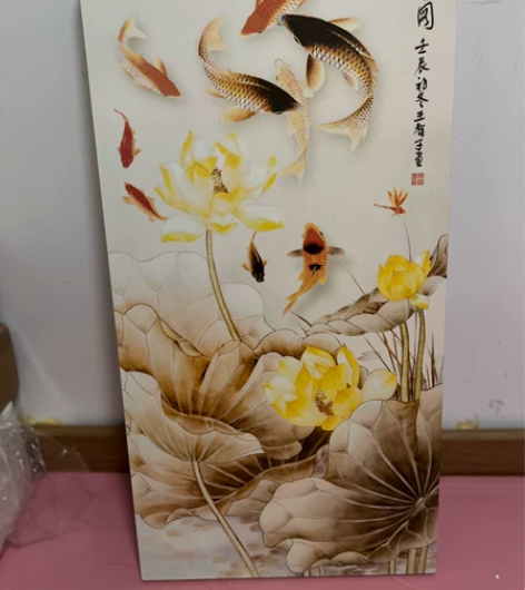 玄关荷花九鱼图装饰画 客厅餐厅无框画 竖式...