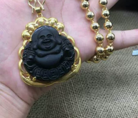 精品收藏18K鎏金黑曜石弥勒佛吊坠鎏金项链...