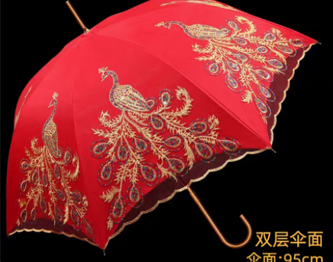 转卖红伞婚庆结婚出嫁伞蕾丝花边刺绣长柄中式...