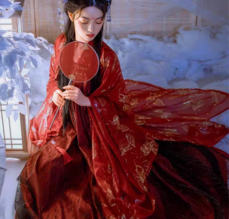 艺缕原创汉服女对襟齐胸襦裙百搭套装红色烫金...