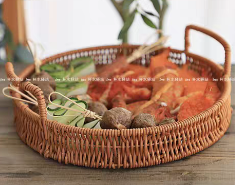 转卖日式ins风仿藤平盘水果篮子网红面包篮...