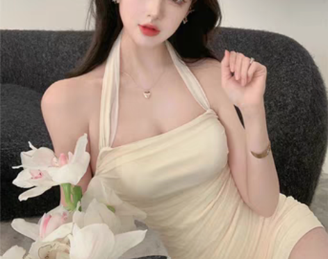 转卖法式网纱挂脖连衣裙女纯欲风性感显瘦修身...