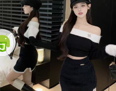 转卖小香风套装女性感一字肩针织上衣水貂绒小...