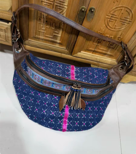 包邮全新斜垮老织锦大包 植鞣皮手工缝制 因...