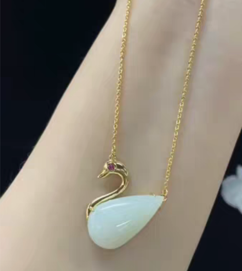 包邮超值和田玉白玉吊坠 天鹅之梦14k金工...