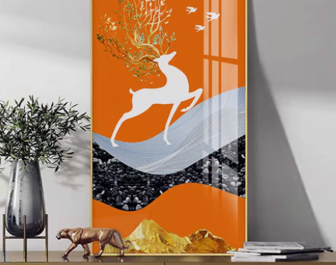 包邮玄关装饰画竖版现代简约北欧橙色福鹿一路...
