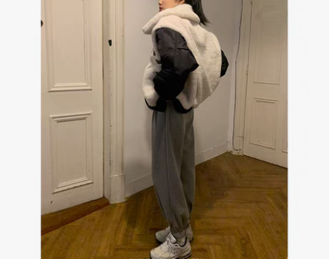 转卖灰色运动裤女秋冬设计感小众松紧高腰束脚...