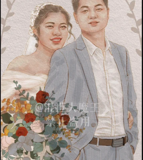 水彩风婚礼插画手绘婚纱照 婚礼请柬摆台设计...