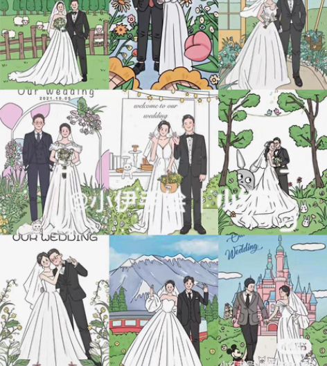 手绘婚纱照 婚礼请柬摆台设计 婚礼手绘请柬...