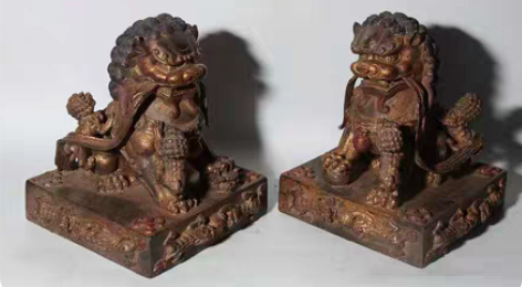 包邮包浆漂亮！文房案头《母子情深》铜案头狮...