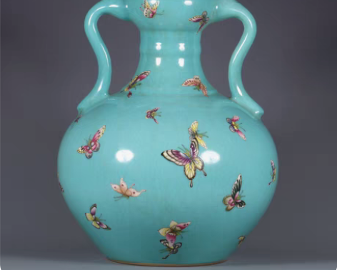 包邮清代绿地加粉彩蝴蝶纹龙耳葫芦瓶    ...
