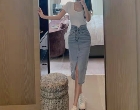 转卖2023春夏高腰前开叉紧身包裙中长款一...