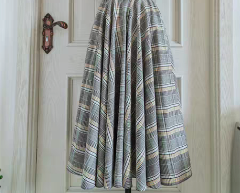 包邮720度春秋冬格子半身裙中长款大摆裙格...