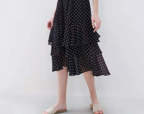 转卖阔色夏季韩版女宽松黑色波点雪纺a字裙 ...