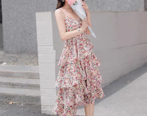 包邮特价法式吊带碎花蛋糕裙温柔风全新 图片...