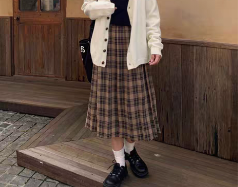 转卖近新 格子半身裙显瘦A字中长款百褶裙子...