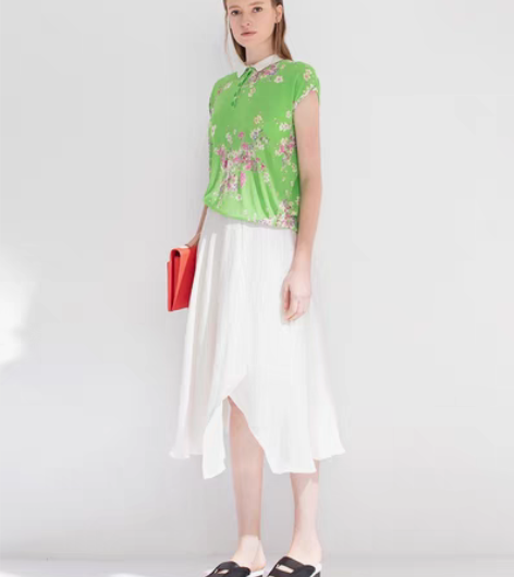 玛丝菲尔白色飘逸褶皱感中裙 38， 亚麻桑...